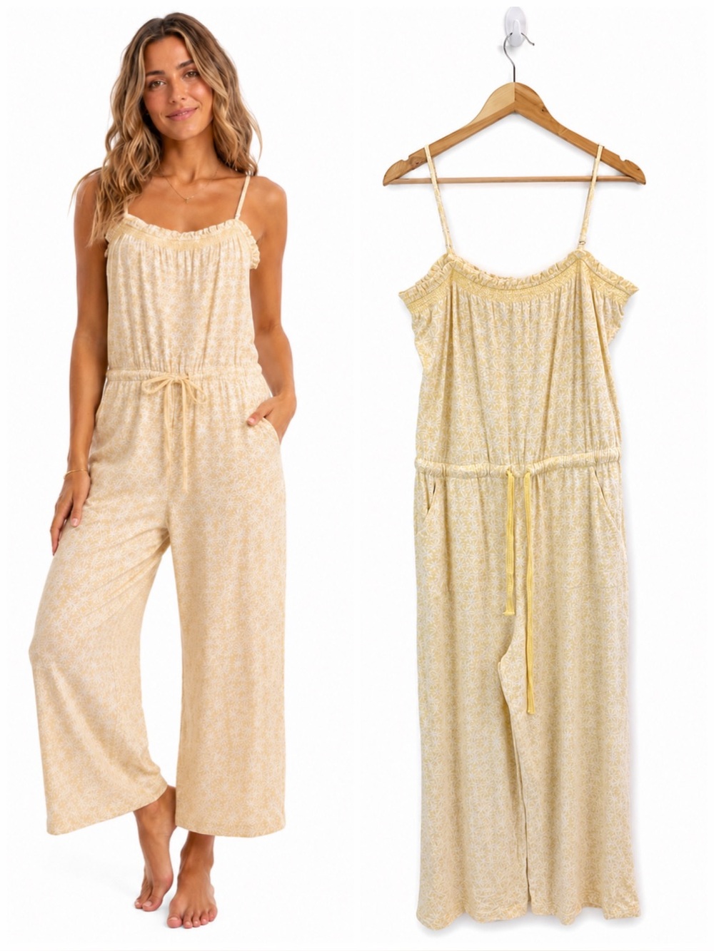 Pact Organic Cotton Yellow Floral Cropped Jumpsuit XL Coastal Cottagecore